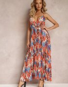 belcci Rochie Roșu-Albastră Plisată Maxi cu Elastic în Talie și cu Decolteu Petrecut Iralle