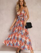 belcci Rochie Roșu-Albastră Plisată Maxi cu Elastic în Talie și cu Decolteu Petrecut Iralle