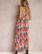 belcci Rochie Roșu-Albastră Plisată Maxi cu Elastic în Talie și cu Decolteu Petrecut Iralle