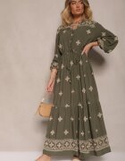 belcci Rochie Verde închis cu broderie din bumbac și șnur în talie Zenlio