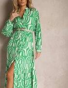 belcci Rochie Verde Lungă Evazată cu Imprimeu Geometric și Guler Skulle