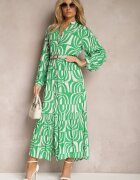 belcci Rochie Verde Lungă Evazată cu Imprimeu Geometric și Guler Skulle