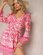 belcci Rochie Viscoză Roz-Albă cu Croială Cloș Mâneci Lungi Finisate cu Elastic Kililasa