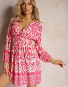 belcci Rochie Viscoză Roz-Albă cu Croială Cloș Mâneci Lungi Finisate cu Elastic Kililasa