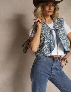 belcci Vestă Albastră Legată din Bumbac Decorată cu Broderie cu Motiv Floral Lisavirae