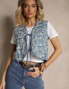 belcci Vestă Albastră Legată din Bumbac Decorată cu Broderie cu Motiv Floral Lisavirae