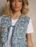 belcci Vestă Albastră Legată din Bumbac Decorată cu Broderie cu Motiv Floral Lisavirae