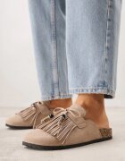 bestelle Papuci Mule Bej închis Boho din imitație de piele întoarsă cu franjuri și mărgele Elwedila