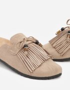 bestelle Papuci Mule Bej închis Boho din imitație de piele întoarsă cu franjuri și mărgele Elwedila