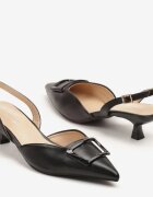 besty Sandale Negre Elegante cu toc pisoi cu Aplicație Decorativă Lavloti
