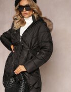 bh forever Geacă Lungă Matlasată Neagră tip Parka cu șnur în talie și Blană Artificială Abelasa