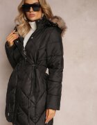 bh forever Geacă Lungă Matlasată Neagră tip Parka cu șnur în talie și Blană Artificială Abelasa