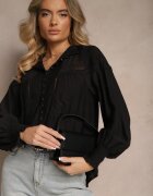 bibous project Cămașă Neagră din Viscoză Dantelată cu elastic la mâneci Walisna