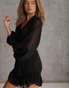 bisou's project Rochie Mini Neagră cu bandă elastică încrețită și Mâneci transparente Janay