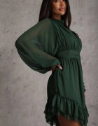 bibous project Rochie Mini Verde închis cu elastic încrețit și mâneci transparente Janay