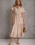 bisou's project Rochie tip cămașă bej din bumbac ajurat legată în talie Lulilena