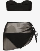  Bikini din 3 piese Negru Sutien și Chiloți cu Aplicații Florale Pareo din Plasă Irisel