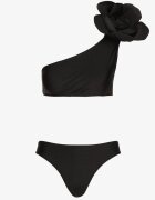  Bikini negru 2 piese Sutien cu aplicație floare pe un umar Chiloți tip slip Valmelba