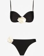  Bikini Negru cu Sutien legat Decorat cu aplicații florale Rivashan