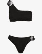  Bikini Negru Din 2 Piese Sutien Asimetric și Chiloți cu Aplicații Florale Namsilea