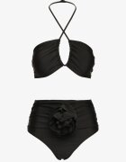  Bikini Negru din 2 Piese Sutien Halter cu Legătură Slip cu Talie Înaltă Nanselian