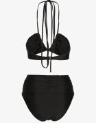 Bikini Negru din 2 Piese Sutien Halter cu Legătură Slip cu Talie Înaltă Nanselian