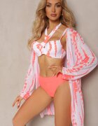  Bikini Portocaliu-Alb cu Sutien Decorativ și Pareo de Plajă în Set Mayamarie