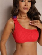  Bikini Roșu din 2 piese Sutien Asimetric și Chiloți cu Aplicații Florale Namsilea