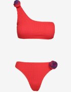  Bikini Roșu din 2 piese Sutien Asimetric și Chiloți cu Aplicații Florale Namsilea