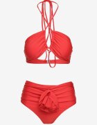  Bikini Roșu din 2 piese Sutien tip halter cu legătură Chiloți cu talie înaltă Nanselian