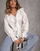 bisou's project Bluză Albă Eterică din Bumbac Ornată cu Volane și Elastic în Talie Cezarelle
