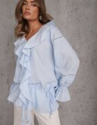 bisou's project Bluză Eterică Albastră din Bumbac Ornată cu Volănașe și cu Cordon în Talie Cezarelle