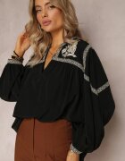 bisou's project Bluză Neagră cu Mânecă Bufantă și Broderie Florală Oluze