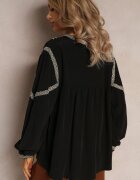 bisou's project Bluză Neagră cu Mânecă Bufantă și Broderie Florală Oluze