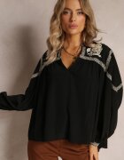 bisou's project Bluză Neagră cu Mânecă Bufantă și Broderie Florală Oluze
