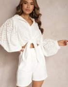 bisou's project Cămașă Albă din Bumbac Ajurată cu Legătură Decorativă și Mâneci Stil Liliac Tiasina