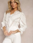 bisou's project Cămașă Albă din Viscoză cu Mâneci 7/8 Ornată cu Dantelă și Volănașe la Manșete Waerata