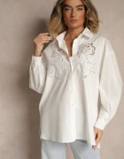 bisou's project Cămașă Albă Oversize din Bumbac cu Decorațiuni Perforate cu Motiv Floral Voesia