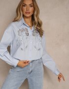 bisou's project Cămașă Albastră deschis Oversize din bumbac cu ornamente ajurate cu motiv floral Voesia