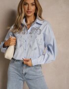 bisou's project Cămașă Albastră deschis Oversize din bumbac cu ornamente ajurate cu motiv floral Voesia