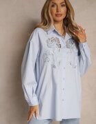 bisou's project Cămașă Albastră deschis Oversize din bumbac cu ornamente ajurate cu motiv floral Voesia