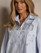 bisou's project Cămașă Albastră deschis Oversize din bumbac cu ornamente ajurate cu motiv floral Voesia