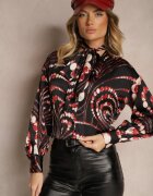 bisou's project Cămașă Negru-Roșie cu Motiv Geometric și Legătură la Decolteu Mortinnia