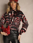 bisou's project Cămașă Negru-Roșie cu Motiv Geometric și Legătură la Decolteu Mortinnia