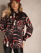 bisou's project Cămașă Negru-Roșie cu Motiv Geometric și Legătură la Decolteu Mortinnia