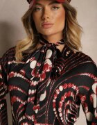 bisou's project Cămașă Negru-Roșie cu Motiv Geometric și Legătură la Decolteu Mortinnia