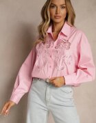 bisou's project Cămașă Roză Oversize din Bumbac cu Decorațiuni Ajurate cu Motiv Floral Voesia