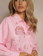 bisou's project Cămașă Roză Oversize din Bumbac cu Decorațiuni Ajurate cu Motiv Floral Voesia