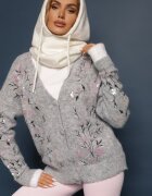 bisou's project Cardigan Gri deschis cu lână cu croială clasică cu broderie decorativă și paiete Isselia
