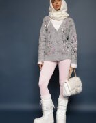 bisou's project Cardigan Gri deschis cu lână cu croială clasică cu broderie decorativă și paiete Isselia